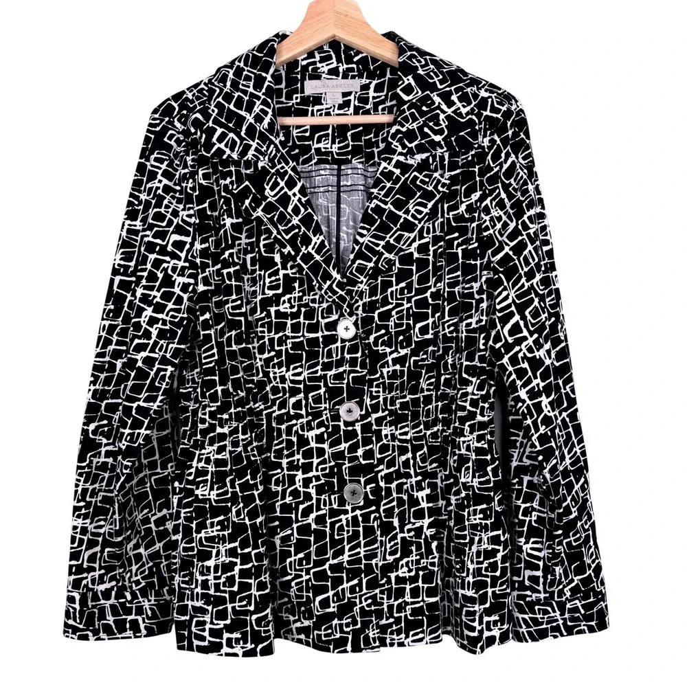 Laura Ashley Womens Black White Geometric‎ Print Button Front Jacket Blazer Sz L
